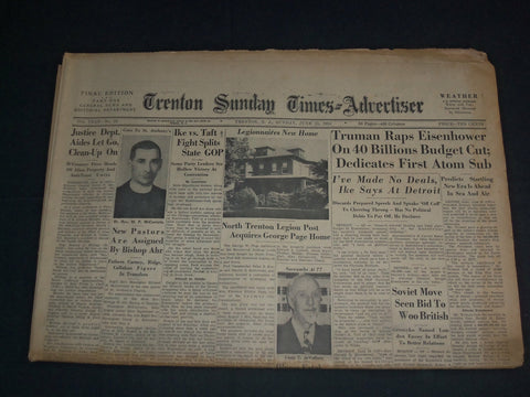 1952 JUNE 15 TRENTON SUNDAY TIMES-ADVERTISER NEWSPAPER -TRUMAN RAPS IKE- NP 3395