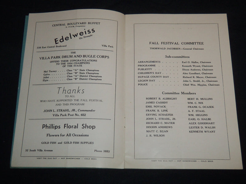 1934 VILLA PARK FALL FESTIVAL SOUVENIR PROGRAM - CHICAGO ILLINOIS - J 8622