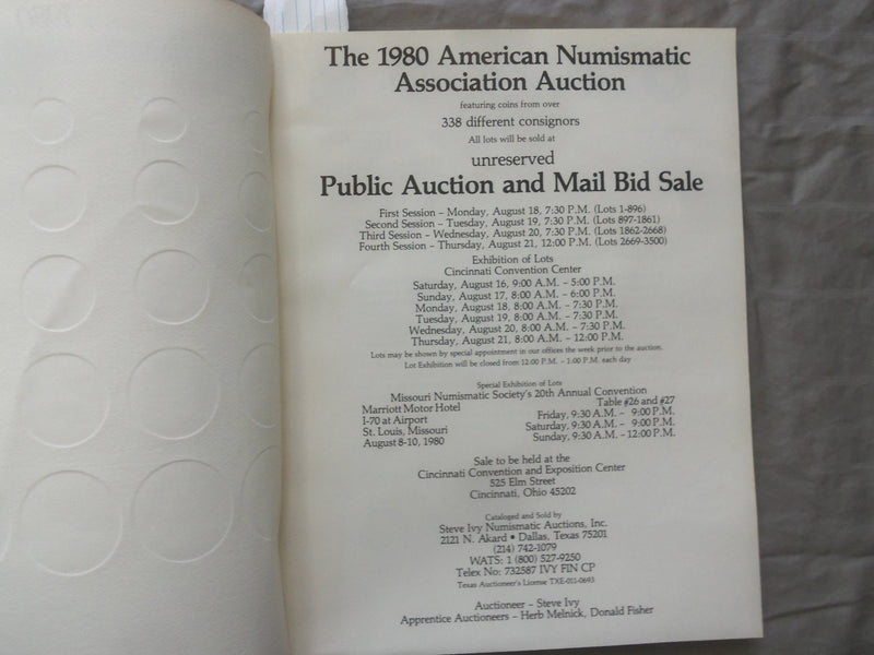 1980 STEVE IVY AMERICAN NUMISMATIC ASSOCIATION AUCTION CATALOG - K 262