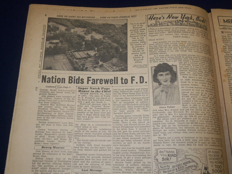 1945 APRIL 15 NEW YORK SUNDAY MIRROR - EULOGIZE F. D. IN SIMPLE RITES - NP 1799