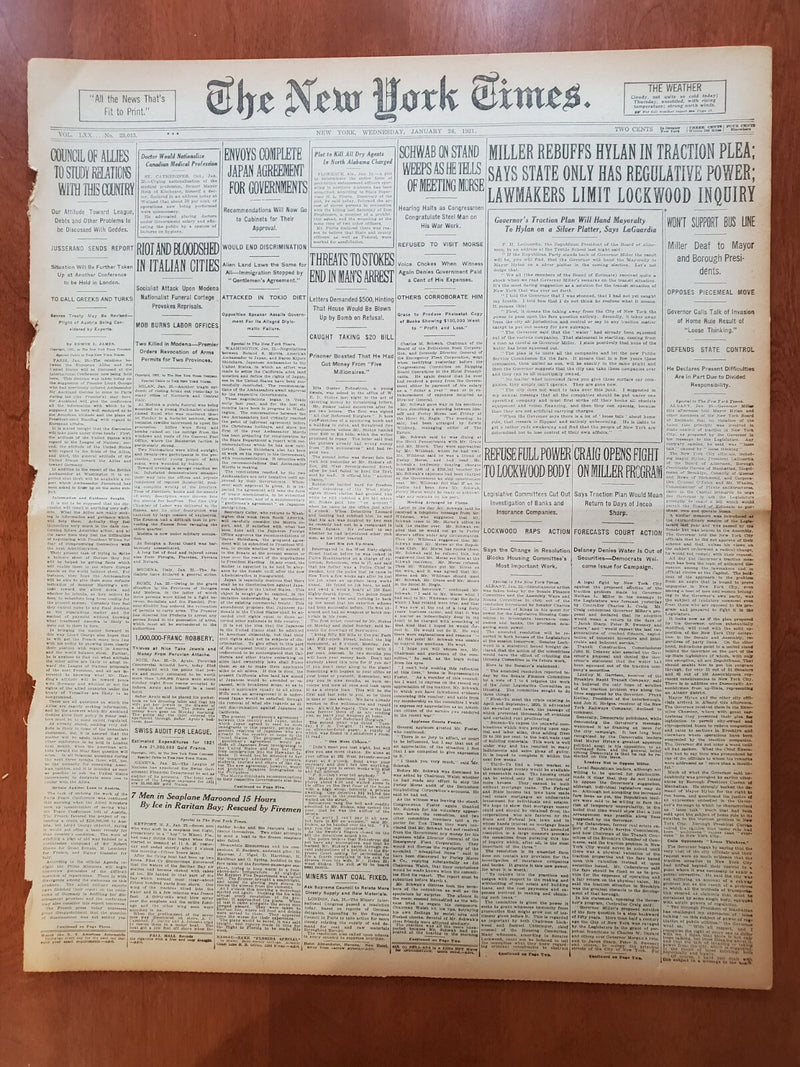 1921 JANUARY 26 NEW YORK TIMES - MILLER REFUFFS HYLAN IN TRACTION PLEA - NT 8101