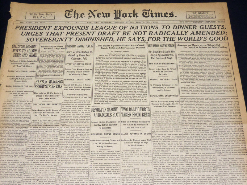 1919 FEBRUARY 27 NEW YORK TIMES - PRESIDENT EXPOUNDS LEAGUE TO GUESTS - NT 7968