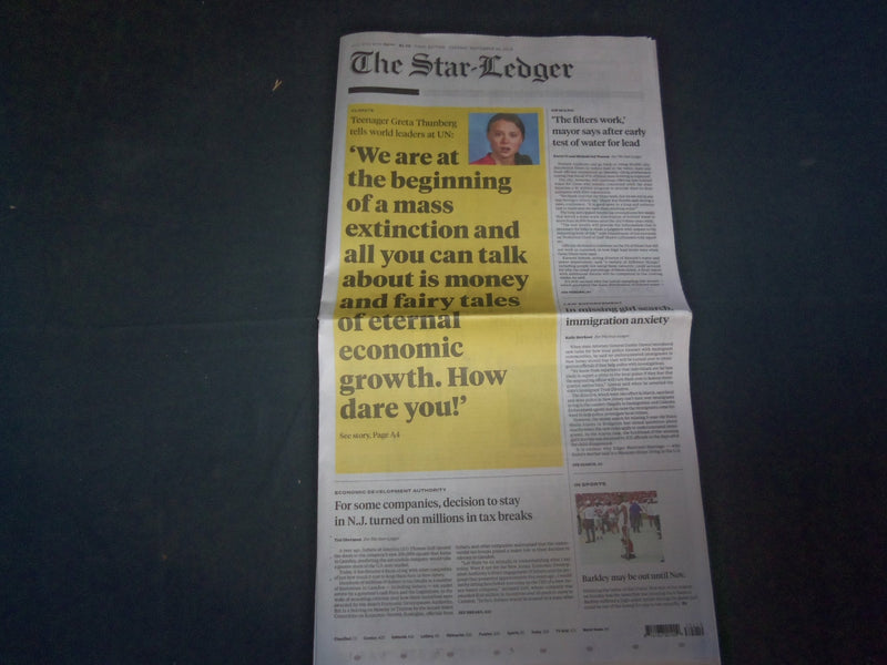 2019 SEPTEMBER 24 THE STAR-LEDGER NEWSPAPER - TEENAGER GRETA THUNBERG AT U.N.