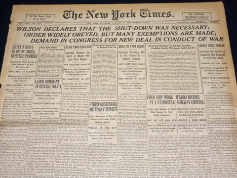1918 JANUARY 19 NEW YORK TIMES - WILSON SAYS SHUT DOWN WAS NECESSARY - NT 7943
