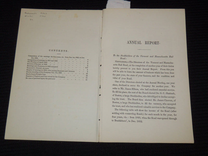 1853 VERMONT AND MASSACHUSETTS RAILROAD ANNUAL REPORT - J 9583