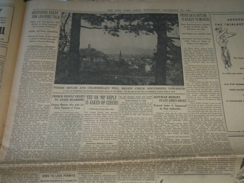 1938 SEPT 21 NEW YORK TIMES -BRITAIN FRANCE GIVE PRAGUE HOURS TO SUBMIT- NP 3605