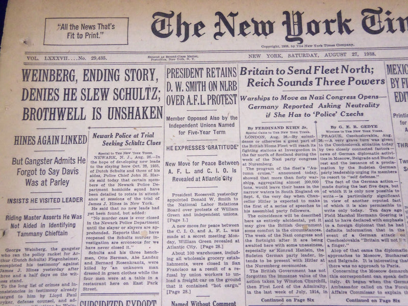 1938 AUGUST 27 NEW YORK TIMES - WEINBERG, ENDING STORY, DENIES SCHULTZ - NT 701