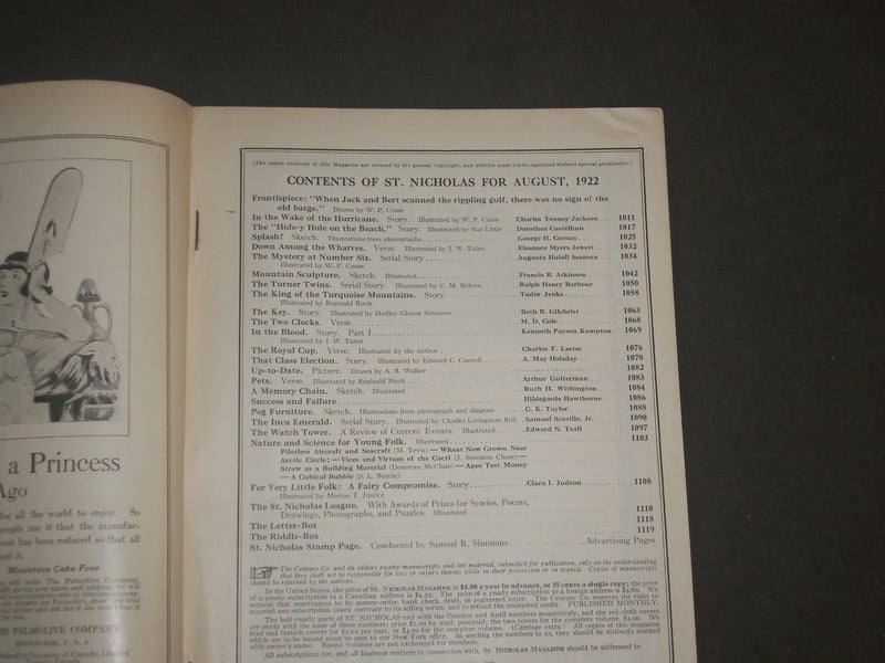 1922 AUGUST ST. NICHOLAS MAGAZINE - ILLUSTRATIONS, STORIES & ADS - B 4625