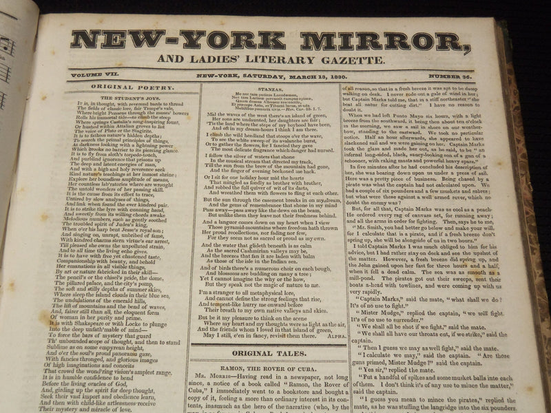 1829-1830 NEW YORK MIRROR AND LADIES GAZETTE BOUND VOLUME NO. 7 - KD 4675K