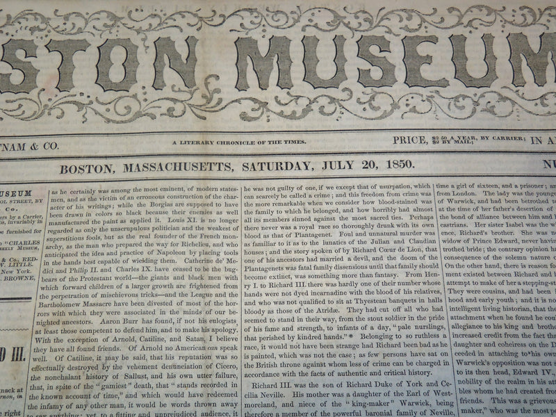 1850 JULY 20 BOSTON MUSEUM NEWSPAPER - DEATH OF ZACHARY TAYLOR - NP 9055
