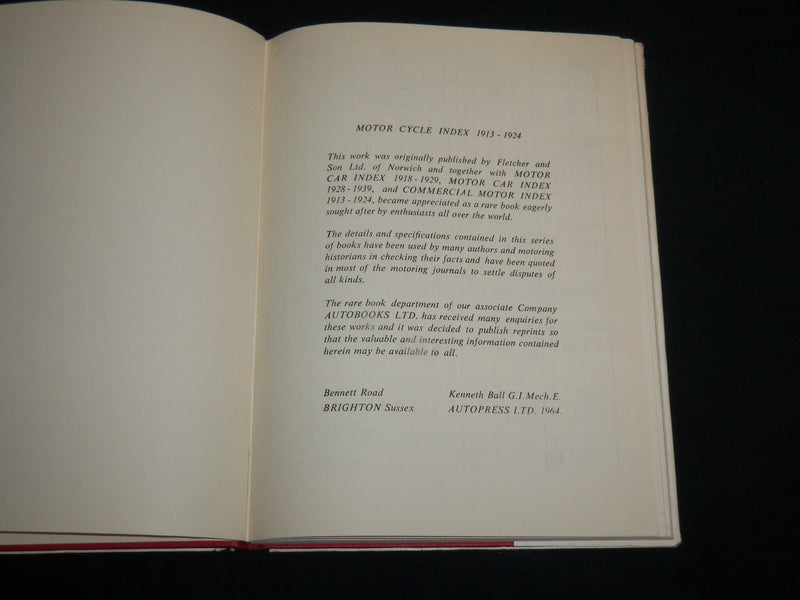 1964 MOTOR CYCLE INDEX 1913-1924 HARDCOVER BOOK - AUTOPRESS - KD 6886