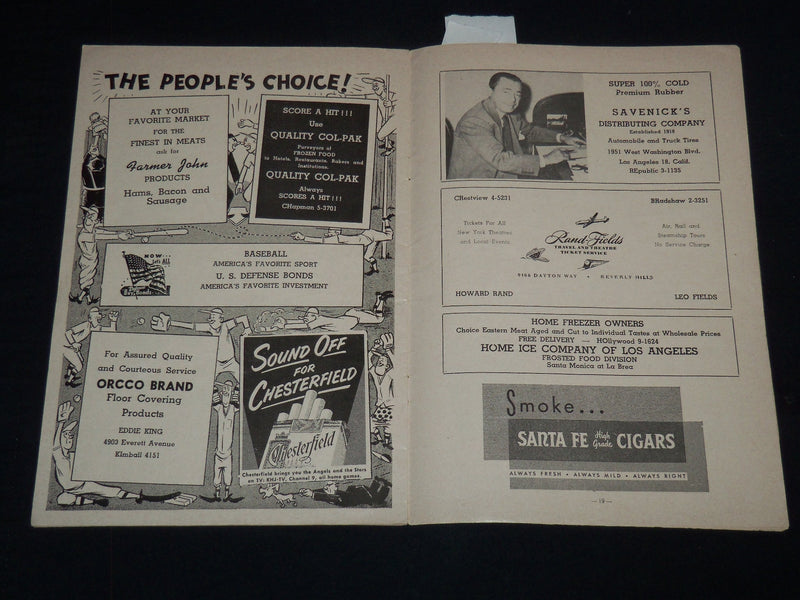 1952 HOLLYWOOD STARS SAN FRANCISCO SEALS BASEBALL OFFICIAL PROGRAM - J 8957