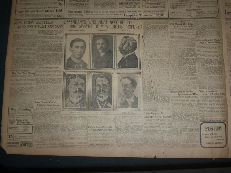 1907 MARCH 3 THE BOSTON HERALD - MRS. EDDY SETTLES $100,000 ON HER SON - BH 3