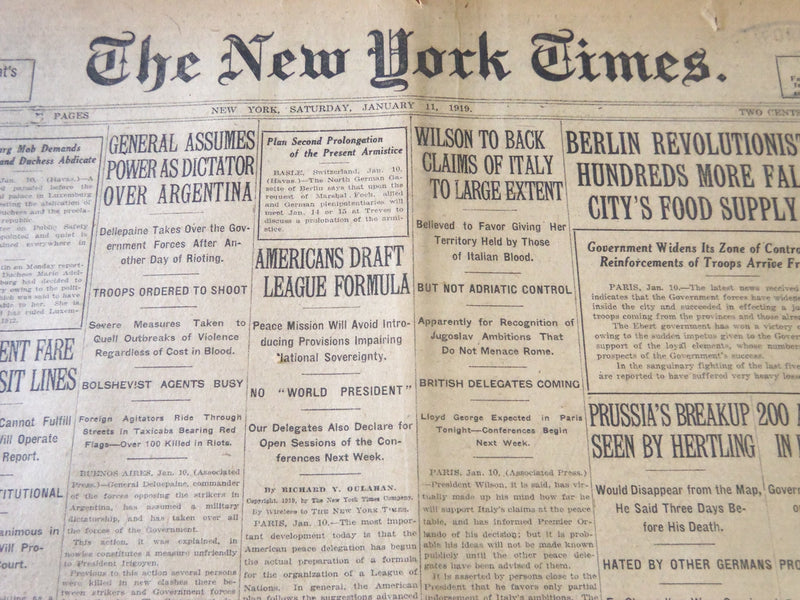 1919 JANUARY 11 NEW YORK TIMES - WILSON TO BACK CLAIMS OF ITALY - NT 5831