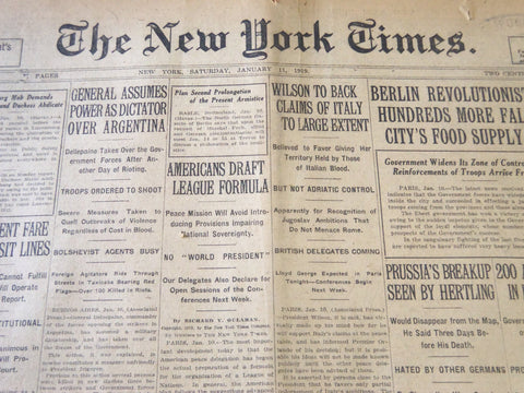 1919 JANUARY 11 NEW YORK TIMES - WILSON TO BACK CLAIMS OF ITALY - NT 5831