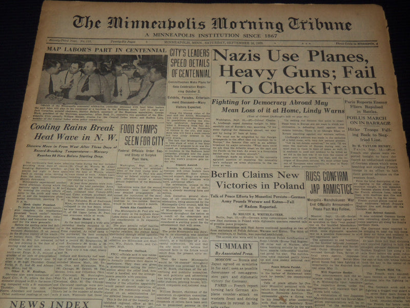 1939 SEPT 16 MINNEAPOLIS MORNING TRIBUNE - NAZIS USE PLANES HEAVY GUNS - NT 9532
