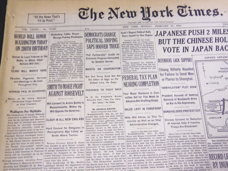 1932 FEB 22 NEW YORK TIMES - WORLD WILL HOVER WASHINGTON 200TH BIRTHDAY- NT 4770