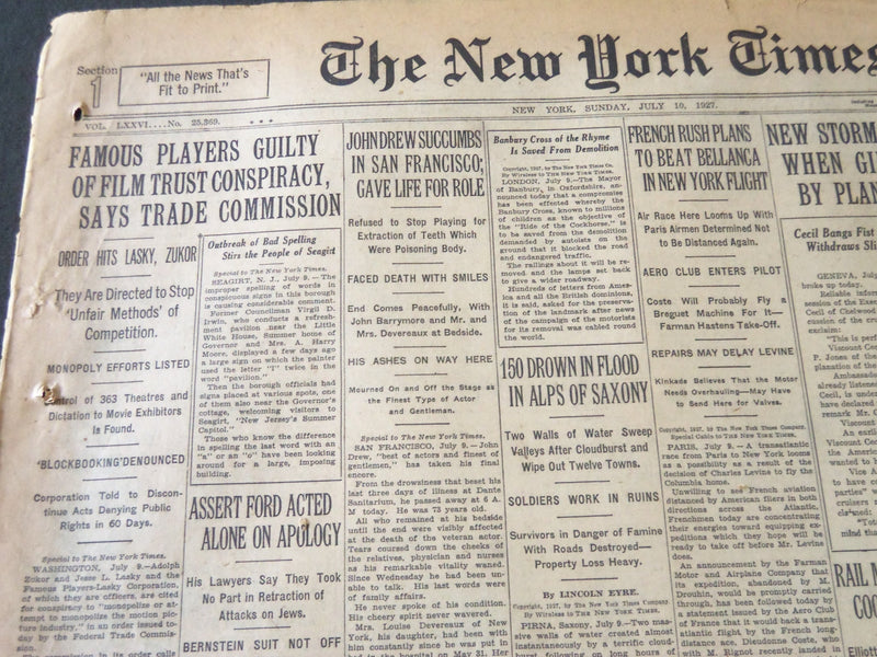 1927 JULY 10 NEW YORK TIMES - FAMOUS PLAYERS GUILTY OF FILM TRUST - NT 6356