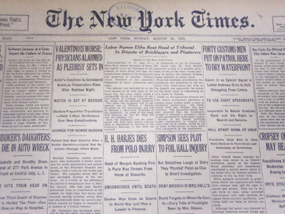 1926 AUGUST 22 NEW YORK TIMES - VALENTINO IS WORSE PLEURISY SETS IN - NT 5059