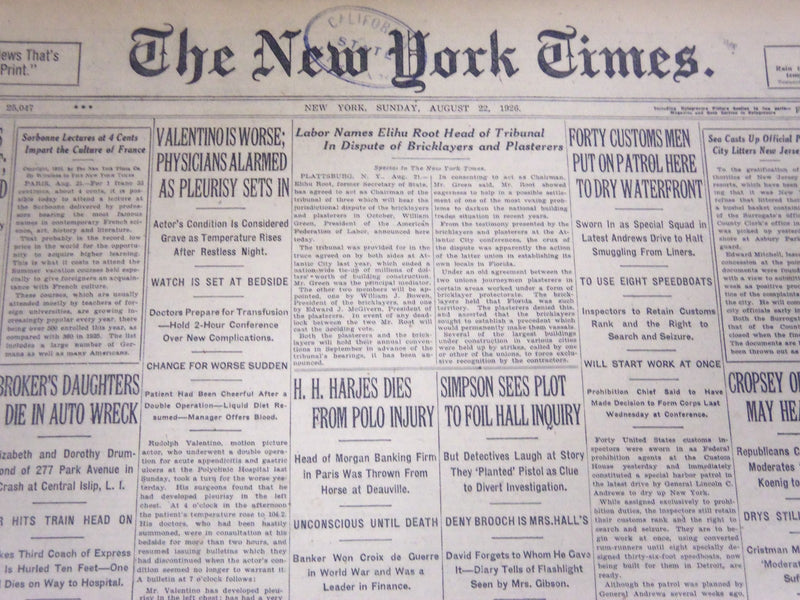 1926 AUGUST 22 NEW YORK TIMES - VALENTINO IS WORSE PLEURISY SETS IN - NT 5059