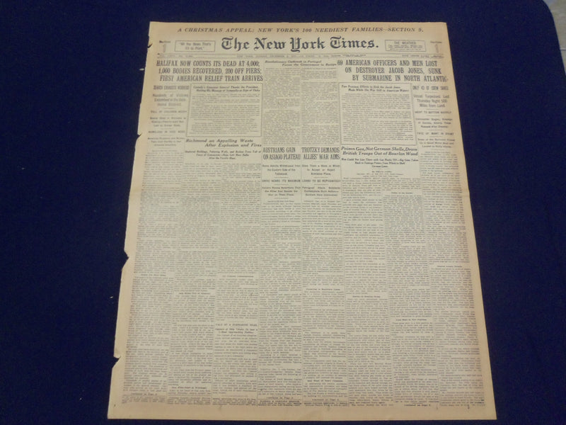 1917 DECEMBER 9 NEW YORK TIMES - DESTROYER JACOB JONES SUNK, 69 LOST - NT 8256
