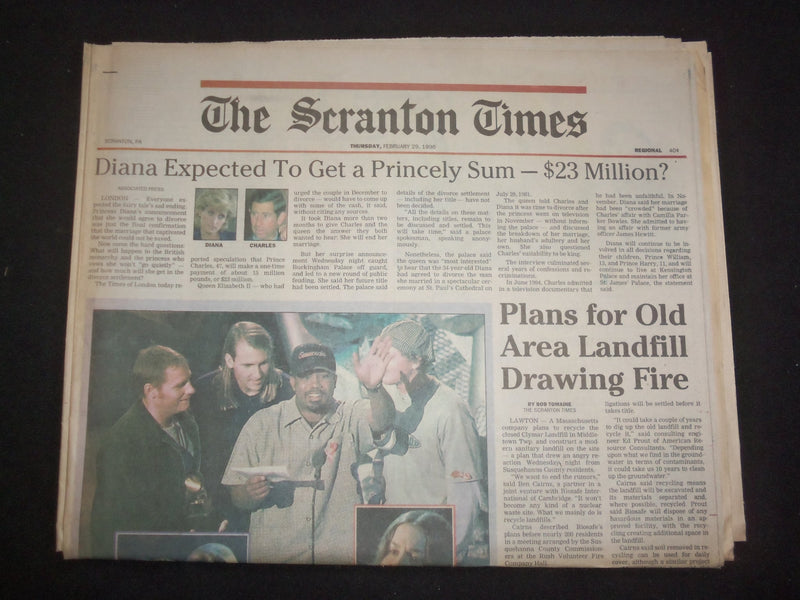 1996 FEB 29 THE SCRANTON TIMES NEWSPAPER -DIANA/CHARLES DIVORCE $23MIL - NP 8352