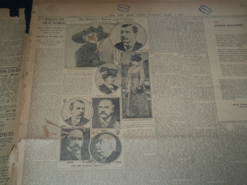 1913 APRIL 1 NEW YORK TIMES NEWSPAPER - J. PIERPONT MORGAN DEAD - NT 7616