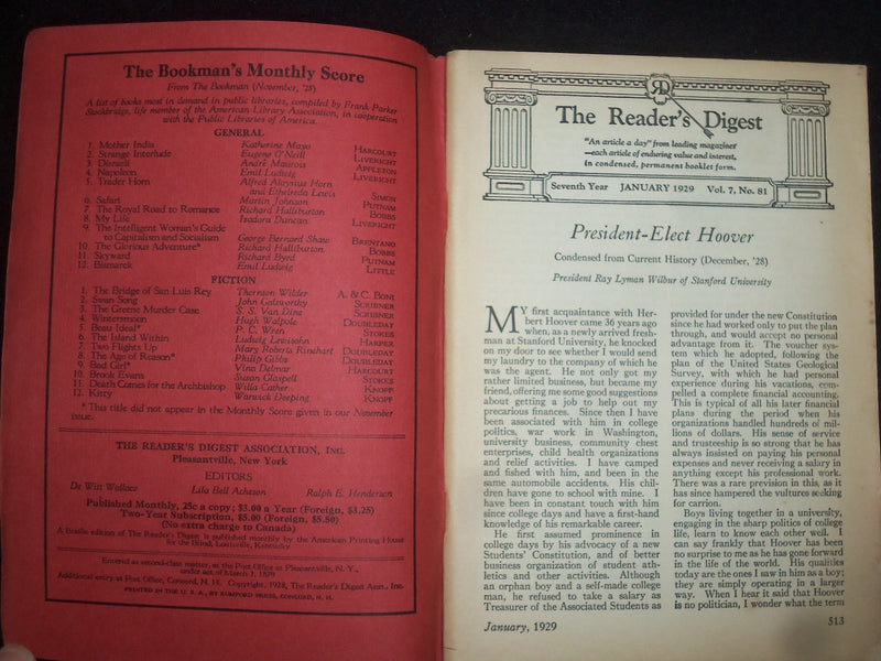 1929 JANUARY THE READER'S DIGEST SOFTCOVER BOOK - NUMBER 81 - J 9923