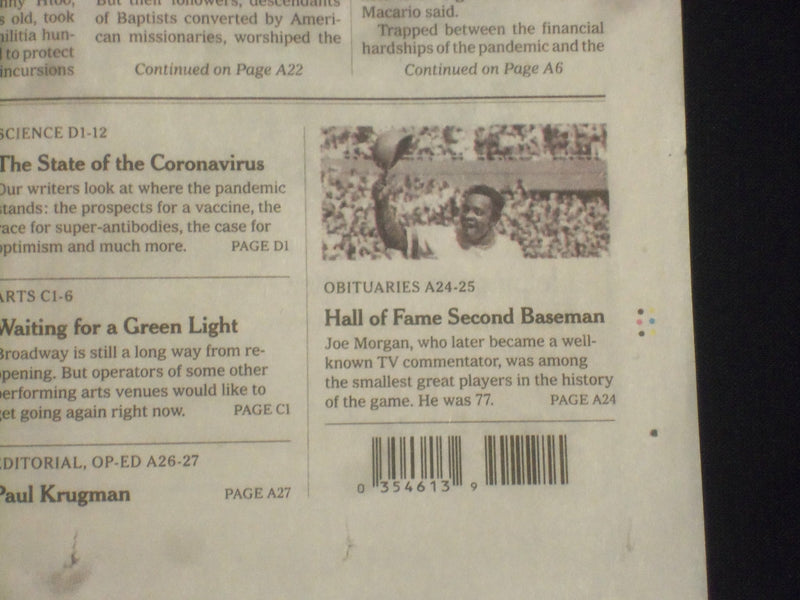 2020 OCTOBER 13 NEW YORK TIMES-AMY CONEY BARRETT HEARINGS BEGIN -JOE MORGAN DIED