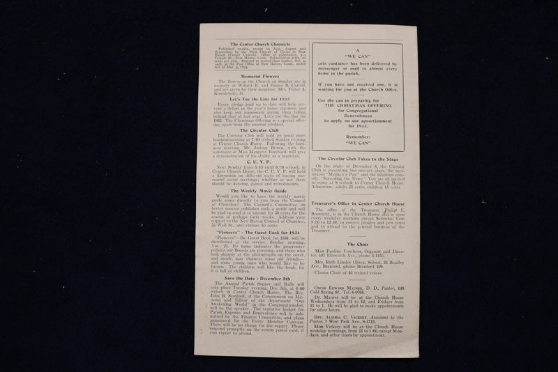 1933 THE CENTER CHURCH CHRONICLE NEWSLETTER - LOT OF 2 - K 1502