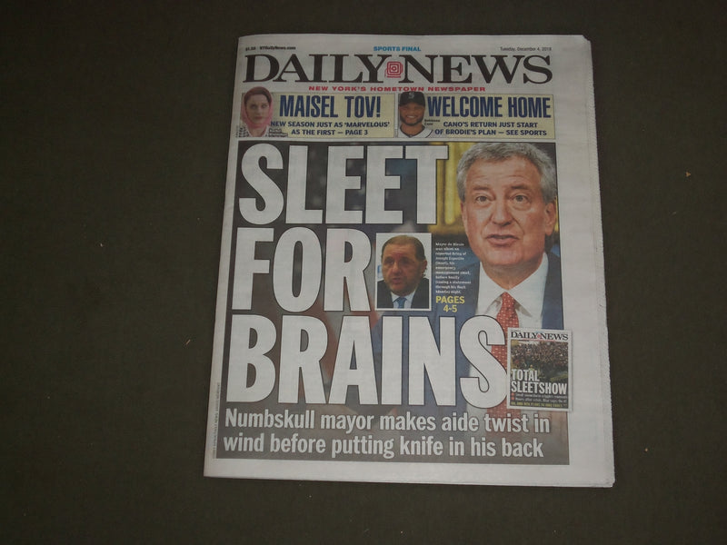 2018 DECEMBER 4 NEW YORK DAILY NEWS - MAYOR DE BLASIO - SLEEET FOR BRAINS