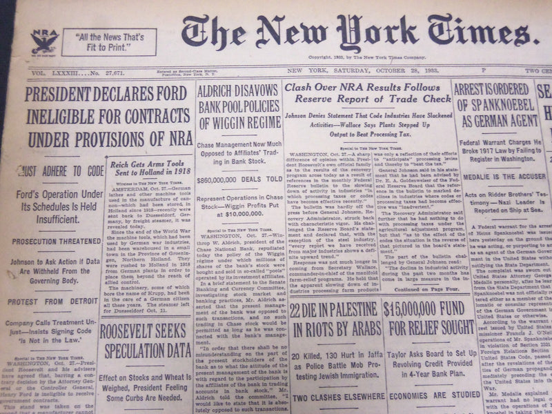 1933 OCTOBER 28 NEW YORK TIMES - PRESIDENT DECLARES FORD INELIGIBLE - NT 5231