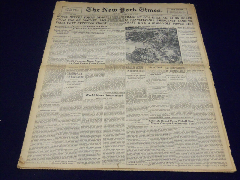 1948 JUNE 18 NEW YORK TIMES - DC-6 CRASH KILLS 43 IN PA - NT 3518