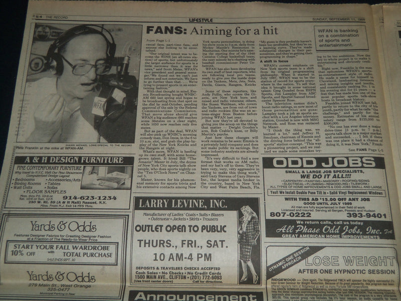 1988 SEPT 11 BERGEN RECORD NEWSPAPER L SECTION- PETE FRANKLIN - WFAN - NP 3779