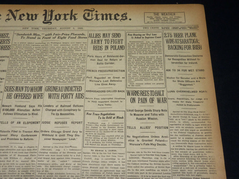1920 AUGUST 5 NEW YORK TIMES - 2.75 BEER PLANK WINS AT SARATOGA - NT 8550