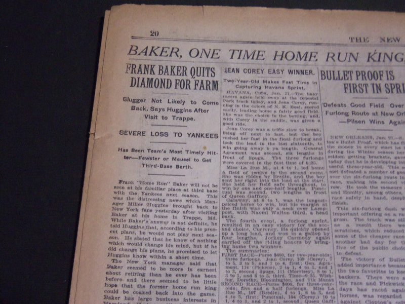 1920 JANUARY 28 NEW YORK TIMES - FRANK BAKER QUITS YANKEES FOR FARM - NT 6766