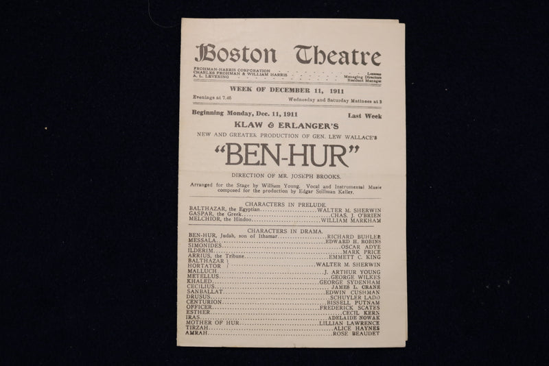 1911 DECEMBER 11 BEH-HUR PROGRAM - BOSTON THEATRE - LOT OF 2 - K 1649