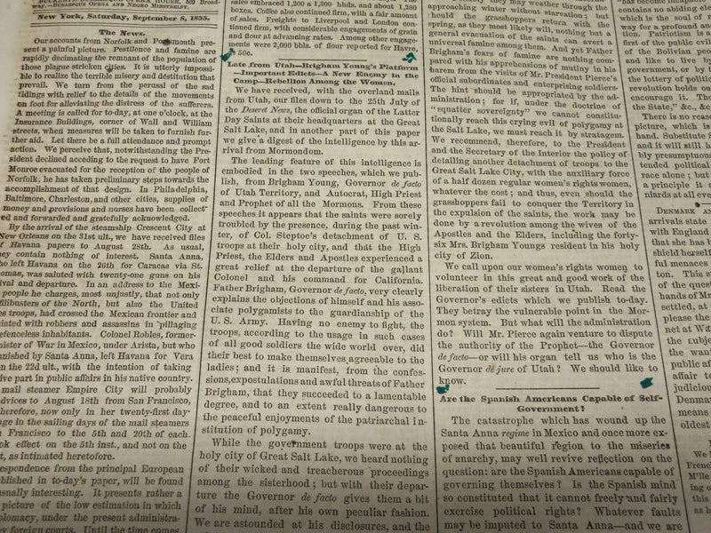 1854 SEPTEMBER 8 NEW YORK HERALD NEWSPAPER - BRIGHAM YOUNG - NP 4899