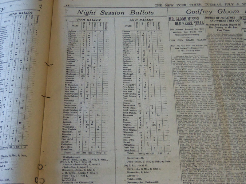 1920 JULY 6 NEW YORK TIMES - BALLOT 38 MCADOO 405 1/2 COX 383 1/2 - NT 6481