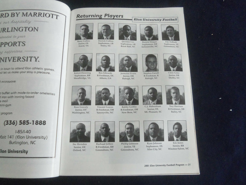 2001 SEP 22 FOOTBALL PROGRAM - ELON UNIV VS NORTH CAROLINA A&T UNIV - SP 1215M