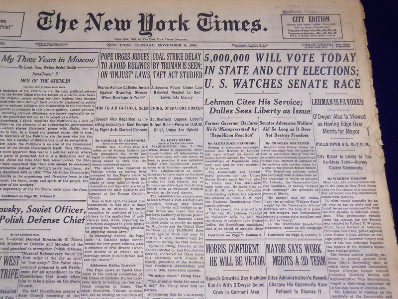1949 NOV 8 NEW YORK TIMES - 5 MILLION WILL VOTE TODAY IN CITY STATE - NT 2664