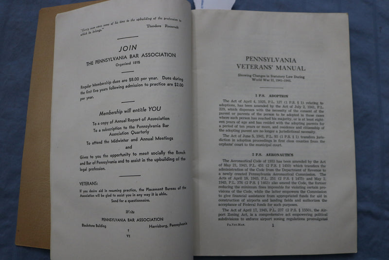 1946 PENNSYLVANIA VERTERANS' MANUAL SOFTCOVER BOOK - K 323