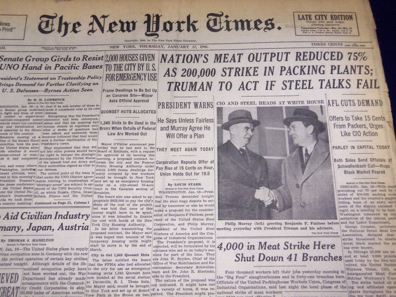 1946 JANUARY 17 NEW YORK TIMES - MEAT OUTPUT REDUCED 75% - NT 3236