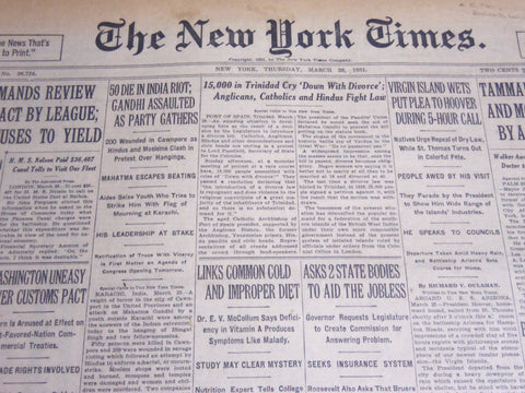 1931 MARCH 26 NEW YORK TIMES - 50 DIE IN INDIA RIOT GANDHI ASSAULTED - NT 6674
