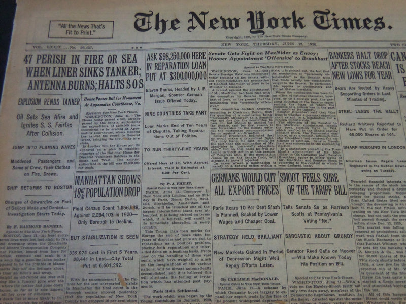 1930 JUNE 12 NEW YORK TIMES - 47 PERISH WHEN LINER SINKS TANKER - NT 5715