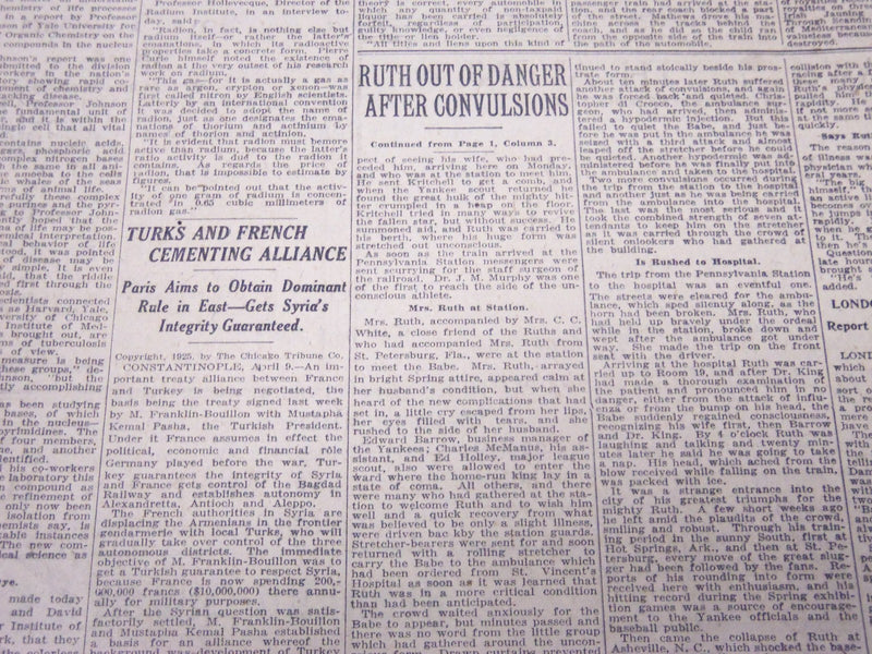1925 APRIL 10 NEW YORK TIMES - RUTH OUT OF DANGER AFTER CONVULSIONS - NT 5113