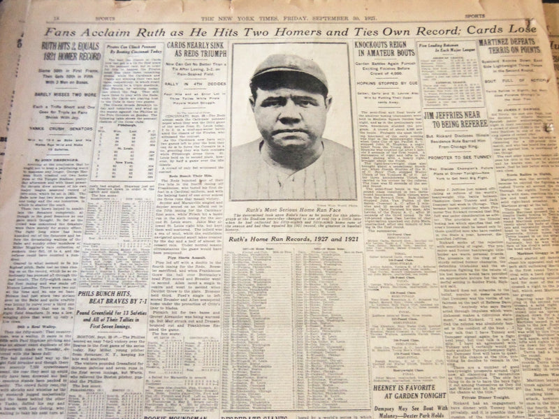 1927 SEPT 30 NEW YORK TIMES - RUTH HITS 2 EQUALS 1921 HOMER RECORD - NT 6319
