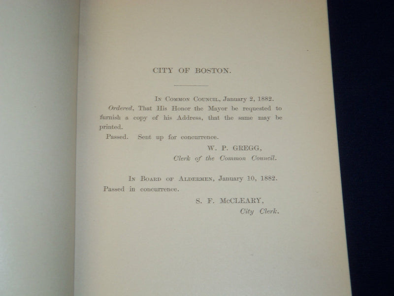 1882 MAYOR SAMUEL ABBOTT GREEN INAUGURAL ADDRESS - CHARLES E. PRATT - J 4532