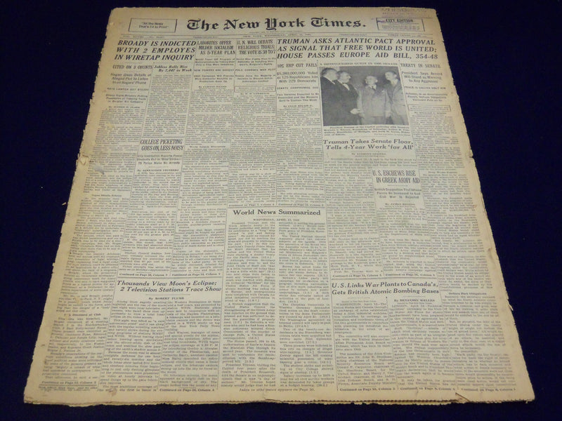 1949 APRIL 13 NEW YORK TIMES - BROADY INDICTED IN WIRE TAP INQUIRY - NT 2657