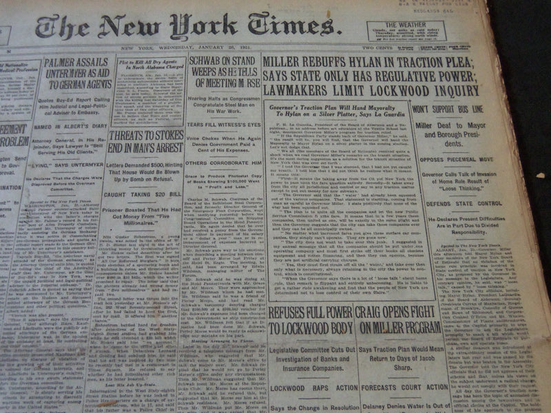 1921 JANUARY 26 NEW YORK TIMES - MILLER REBUFFS HYLAN IN TRACTION PLEA - NT 6156